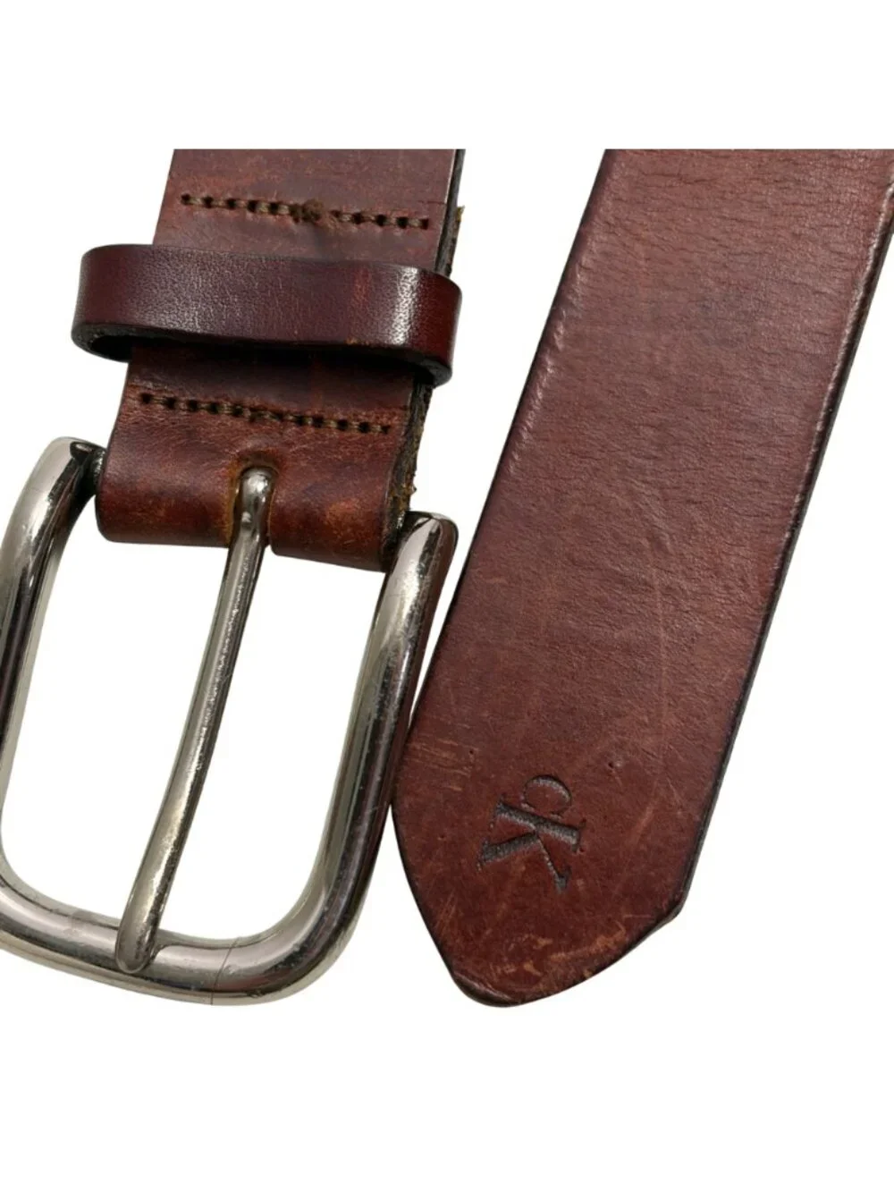 Vintage Calvin Klein Belt Women Large Brown Leather Brass Buckle USA 90s Classic